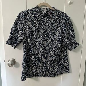 J. Crew Navy and White Liberty floral short puff sleeve top Sz M